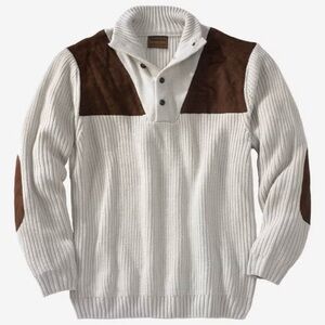 Boulder Creek Men's Cream w/Brown Patchwork Tall Sweater with 3/4 Button Up Neck